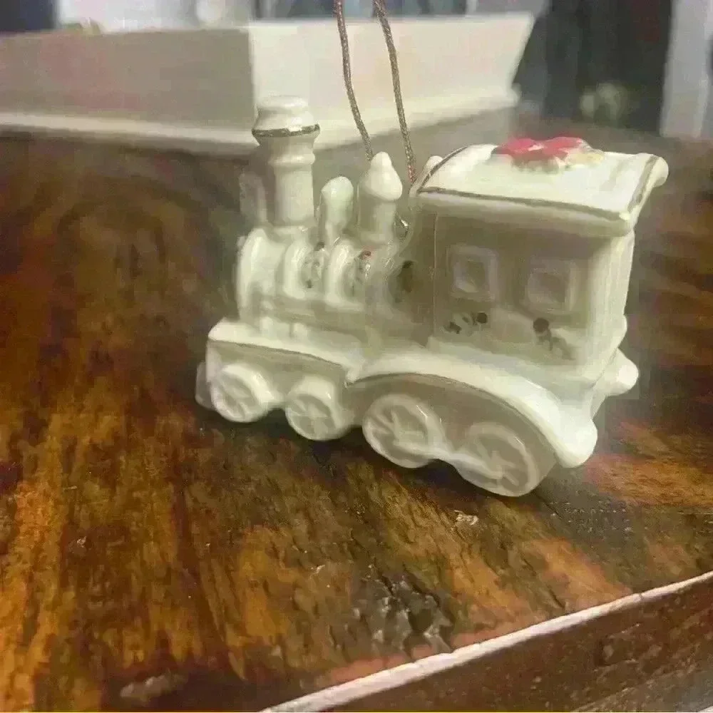Porcelain Train Ornament, beautiful‎ detailed painted train, with gold trim.